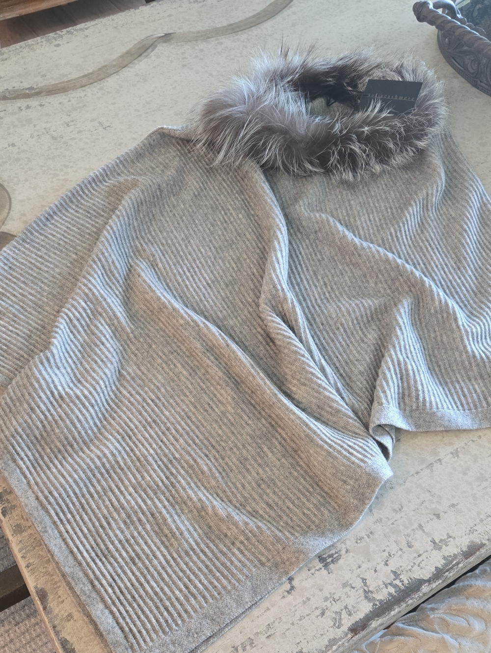 Natural Fox Trim Cashmere/Wool Blend Poncho - Gray, NWT